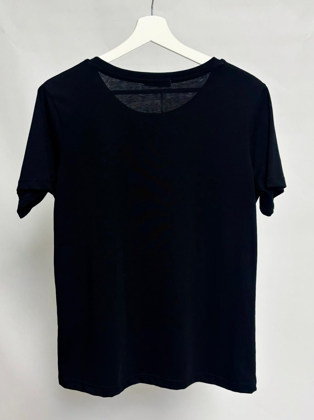Black t-shirt with female silhouette and gold-tone studs