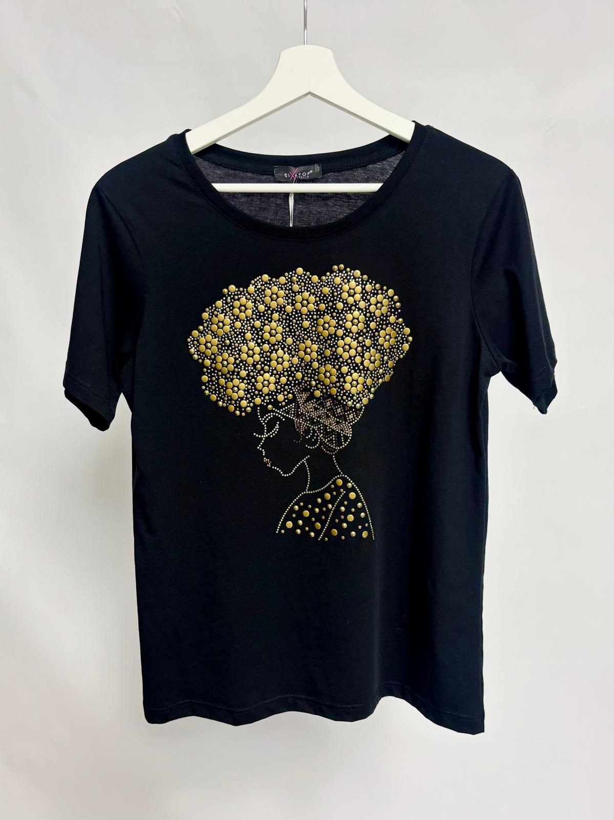 Black t-shirt with female silhouette and gold-tone studs