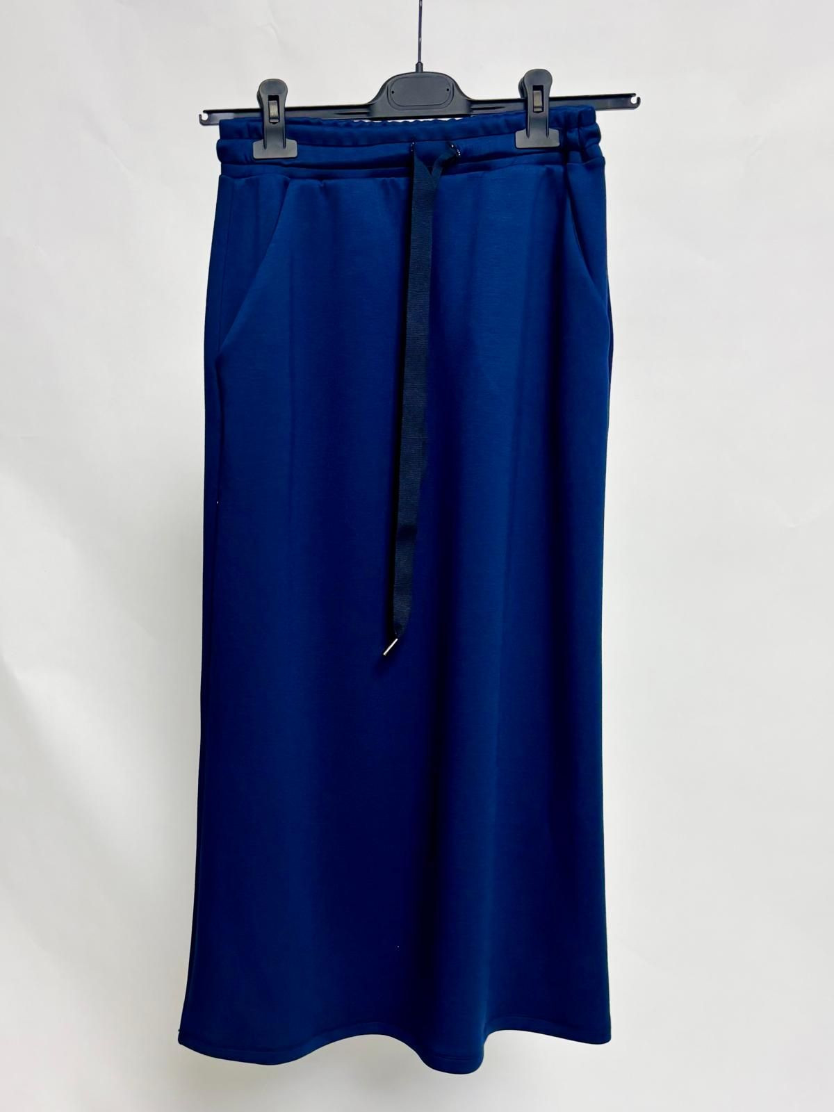 Long Skirt in Soft Fabric with Elastic and Belt - Navy Blue
