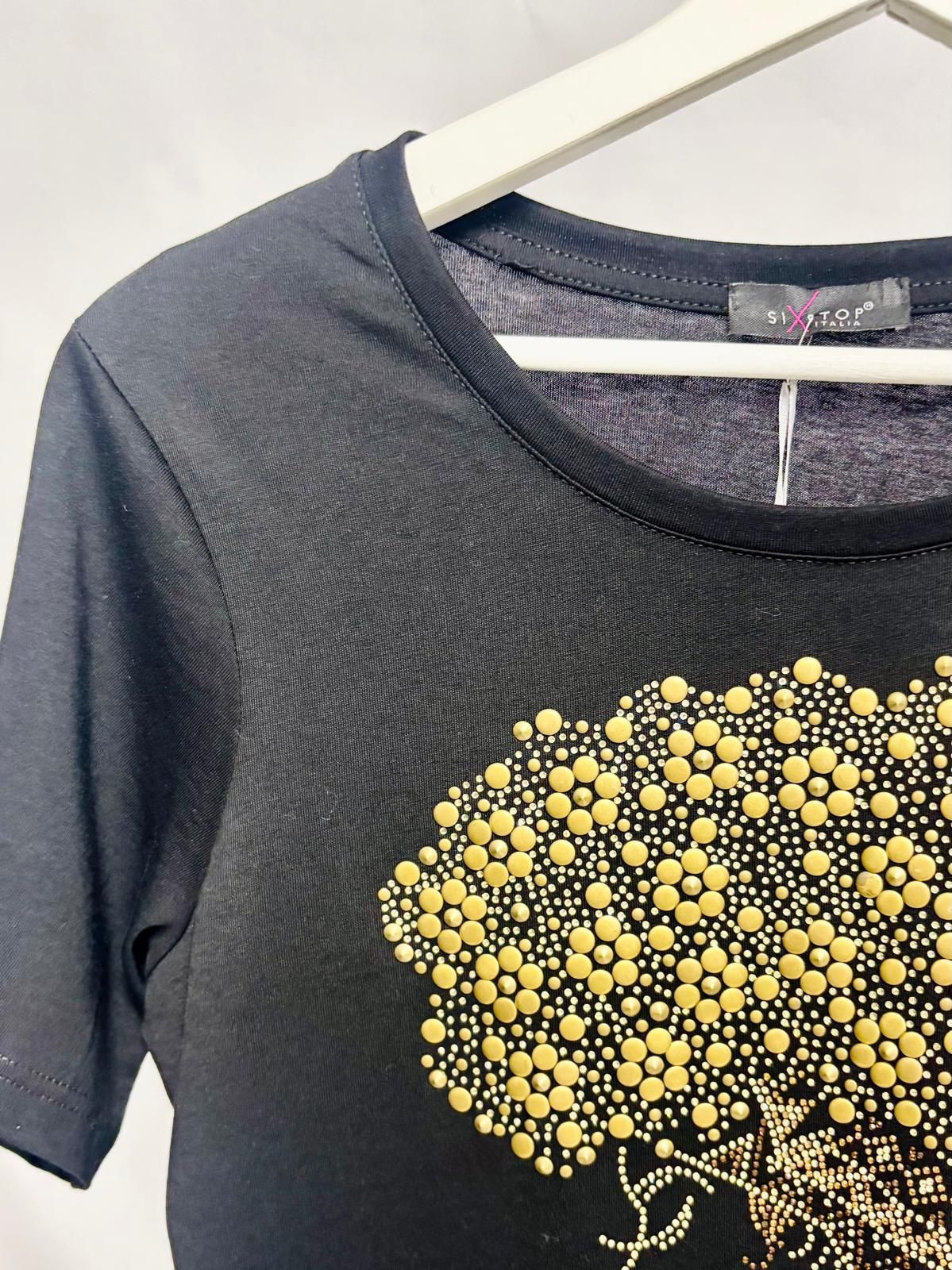 Black t-shirt with female silhouette and gold-tone studs