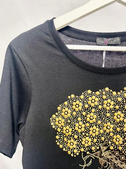 Black t-shirt with female silhouette and gold-tone studs