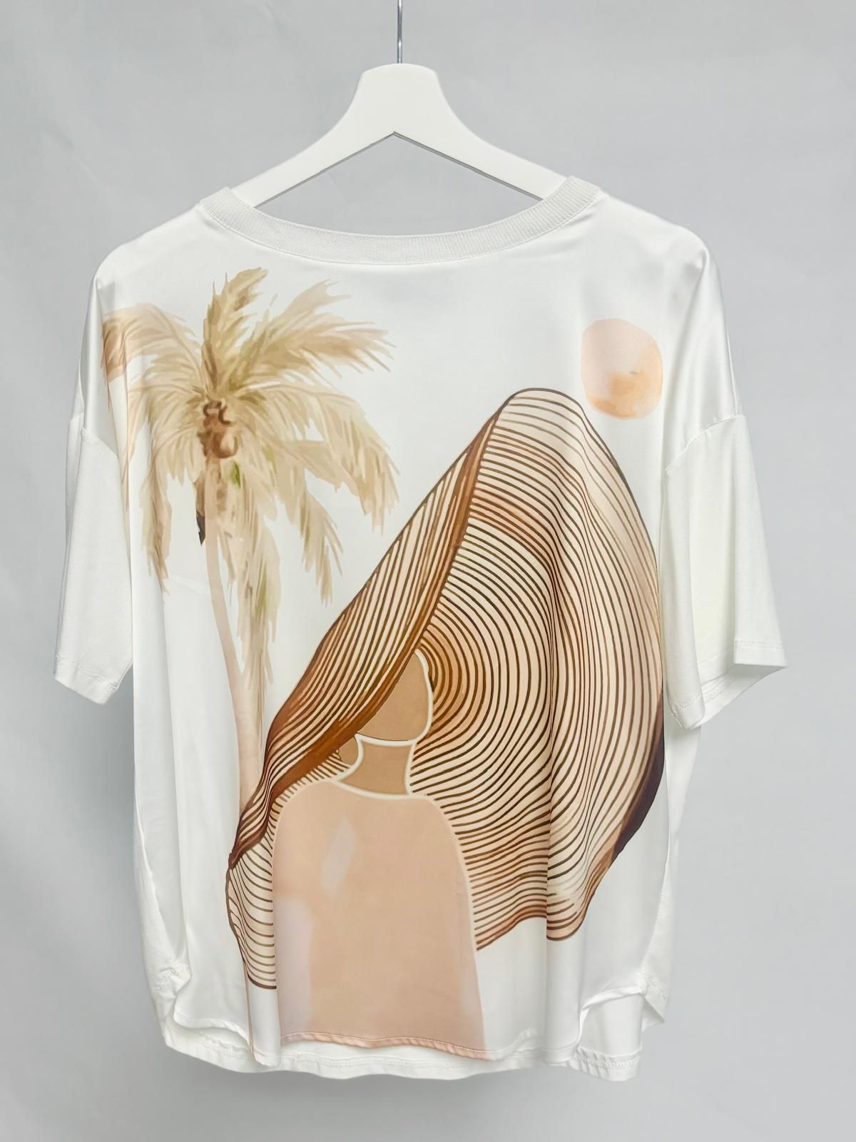 Oversized satin blouse with exotic art print